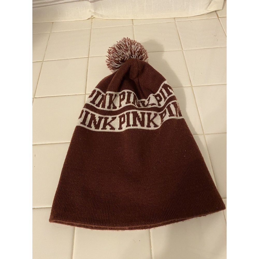 Victoria's Secret‎ VS Pink Pom Beanie Winter Hat Stocking Cap Toboggan Maroon